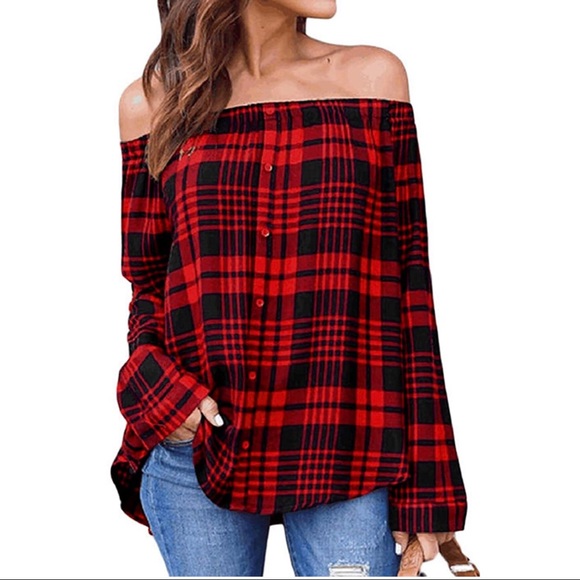Tops - Cold Off Shoulder Button Down Shirt Plaid Top